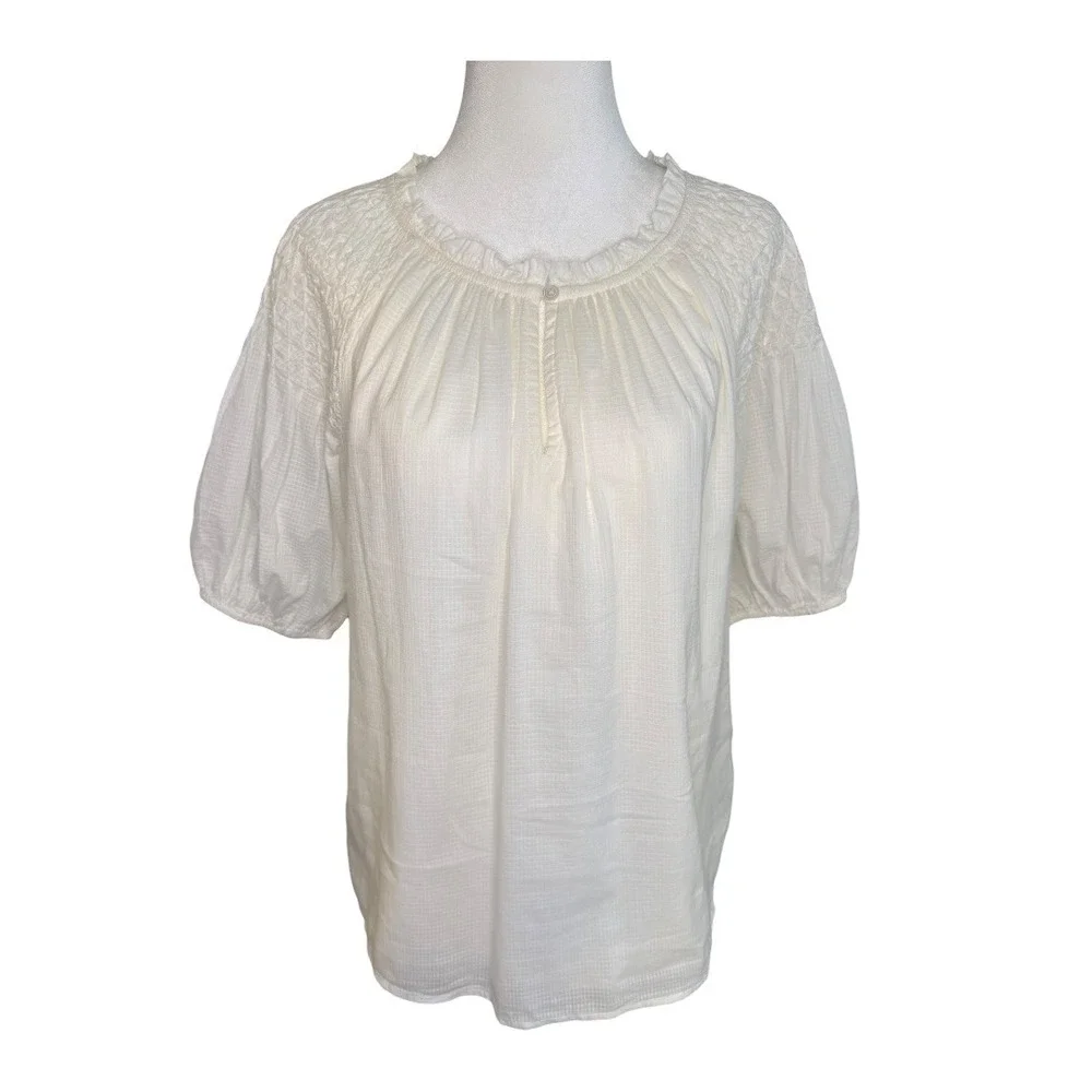 J Crew Ivory Smocked Puff-sleeve Split-neck Top Women's Size‎ Small NWT